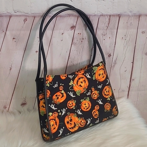 Pumpkin & Ghost Mini Halloween Print Zip Square Shoulder Bag Purse Tote 10" - Picture 15 of 17